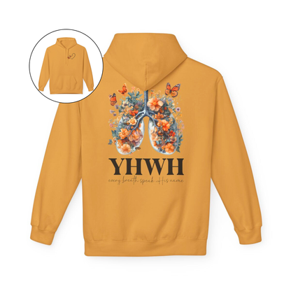 On the front of this custom women's Christian hoodie is a large heart that has a Jesus cross in the center of it, there are two butterflies around the heart. On the back of the sweater is an image of a pair of human lungs made from flowers and butterflies, under the image it says YHWH every breath speaks His name.