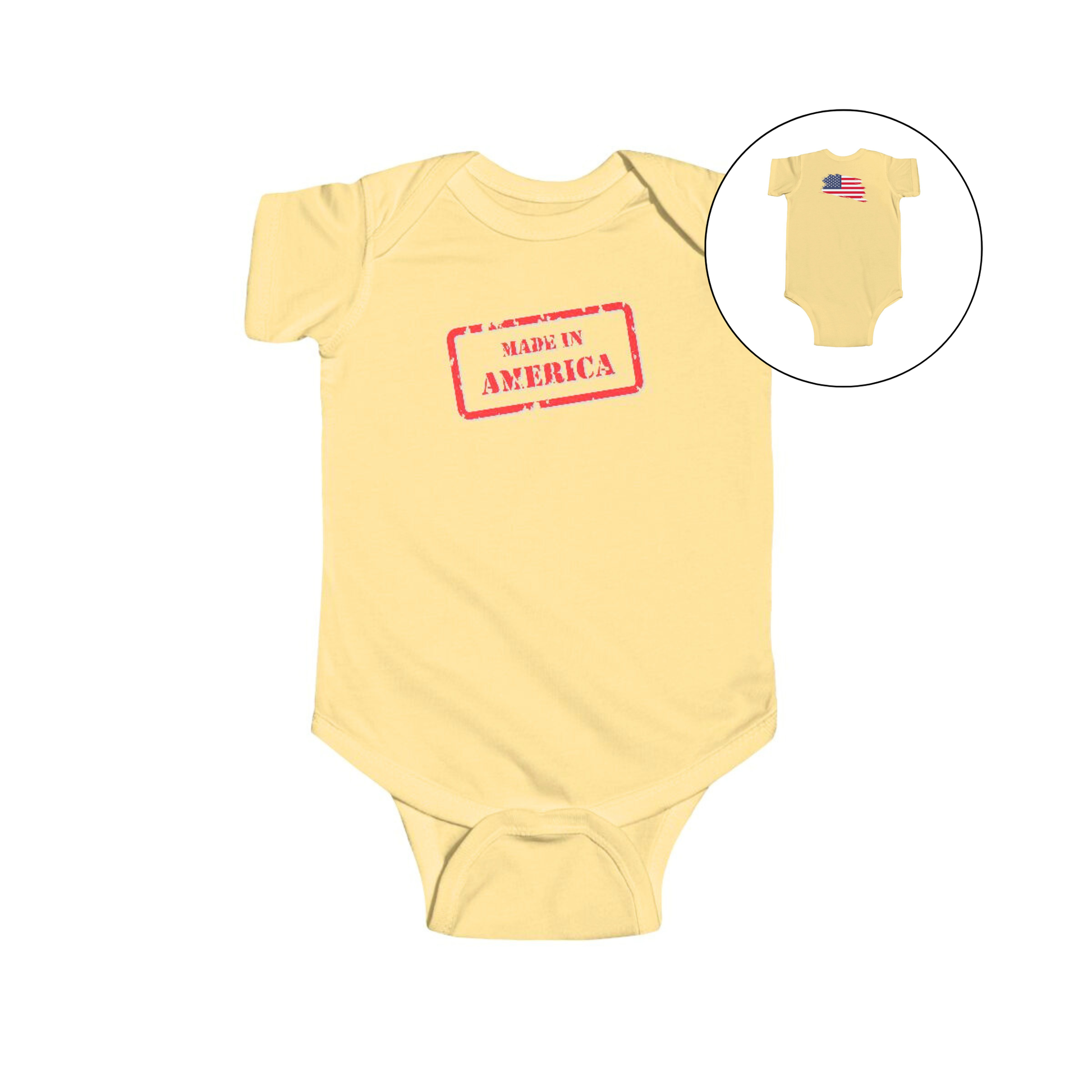 On the front of this custom baby onesie are the words Made In America in a rectangular box that makes it look like a stamp, on the back of this bodysuit is the American flag.