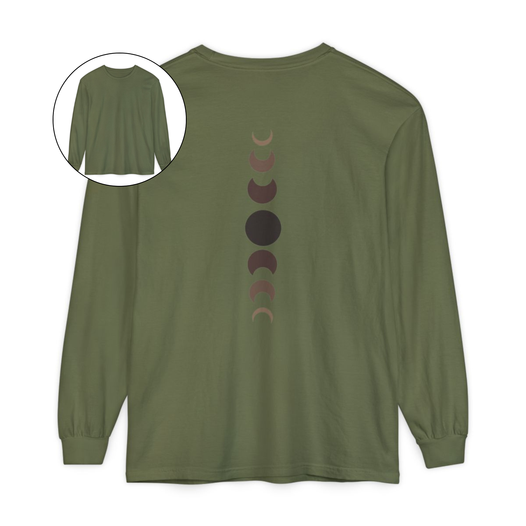 On the back of this custom unisex long sleeve t-shirt from the top of the shirt to the bottom are 7 images of the moon showing the moons cycle, every moon is a different shade of brown.