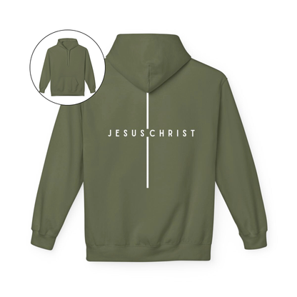 On the back of this custom Christian hoodie is the name Jesus Christ with a line above and below the name making it look like a cross.