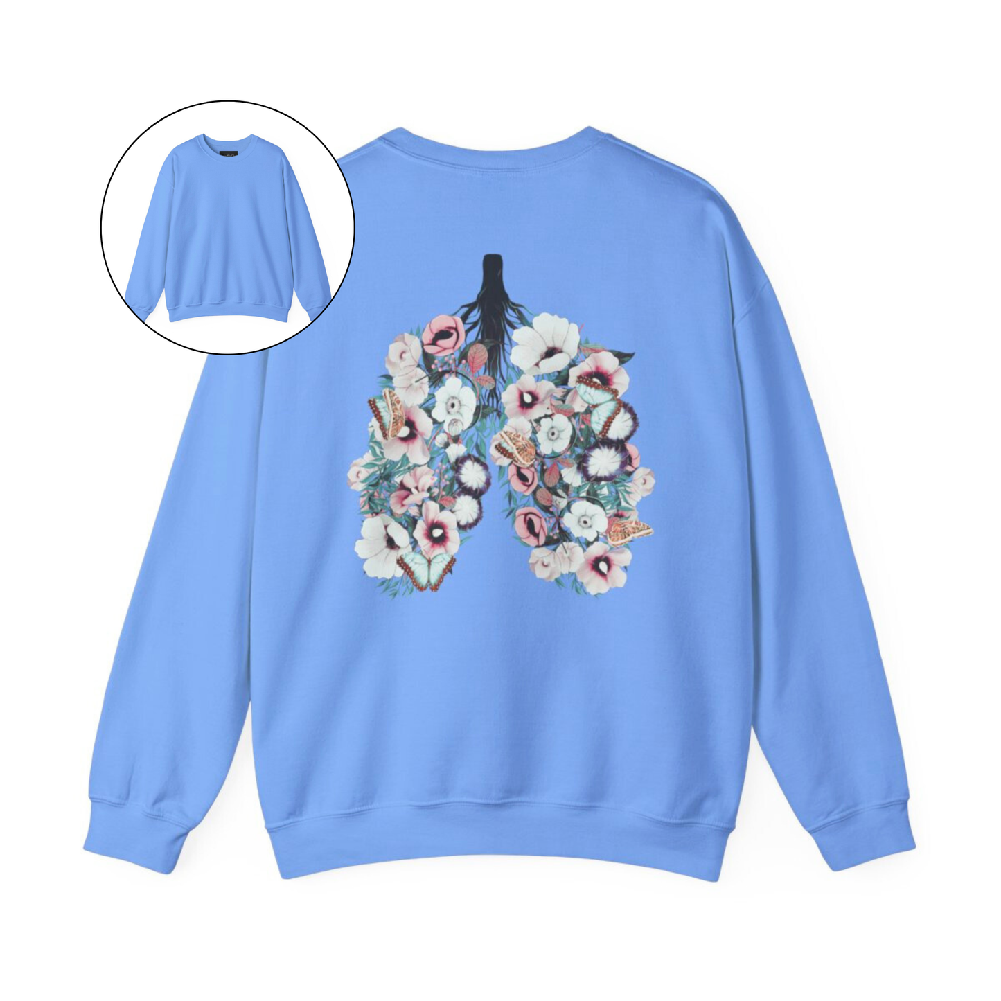 On the back of this women's pullover sweatshirt is an image of a set of lungs, but the lungs are made out of vines with pink and white flowers all over them, there are butterflies sitting in top of the flowers that are light blue in color.