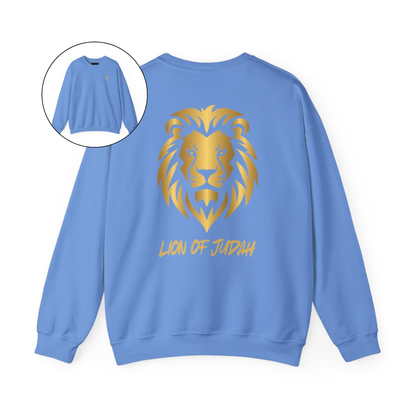 On the front of this custom Christian sweater is a gold Jesus cross on the front left chest, on the back of the pullover is a large gold male lion head with the words Lion of Judah in gold underneath the animal head.