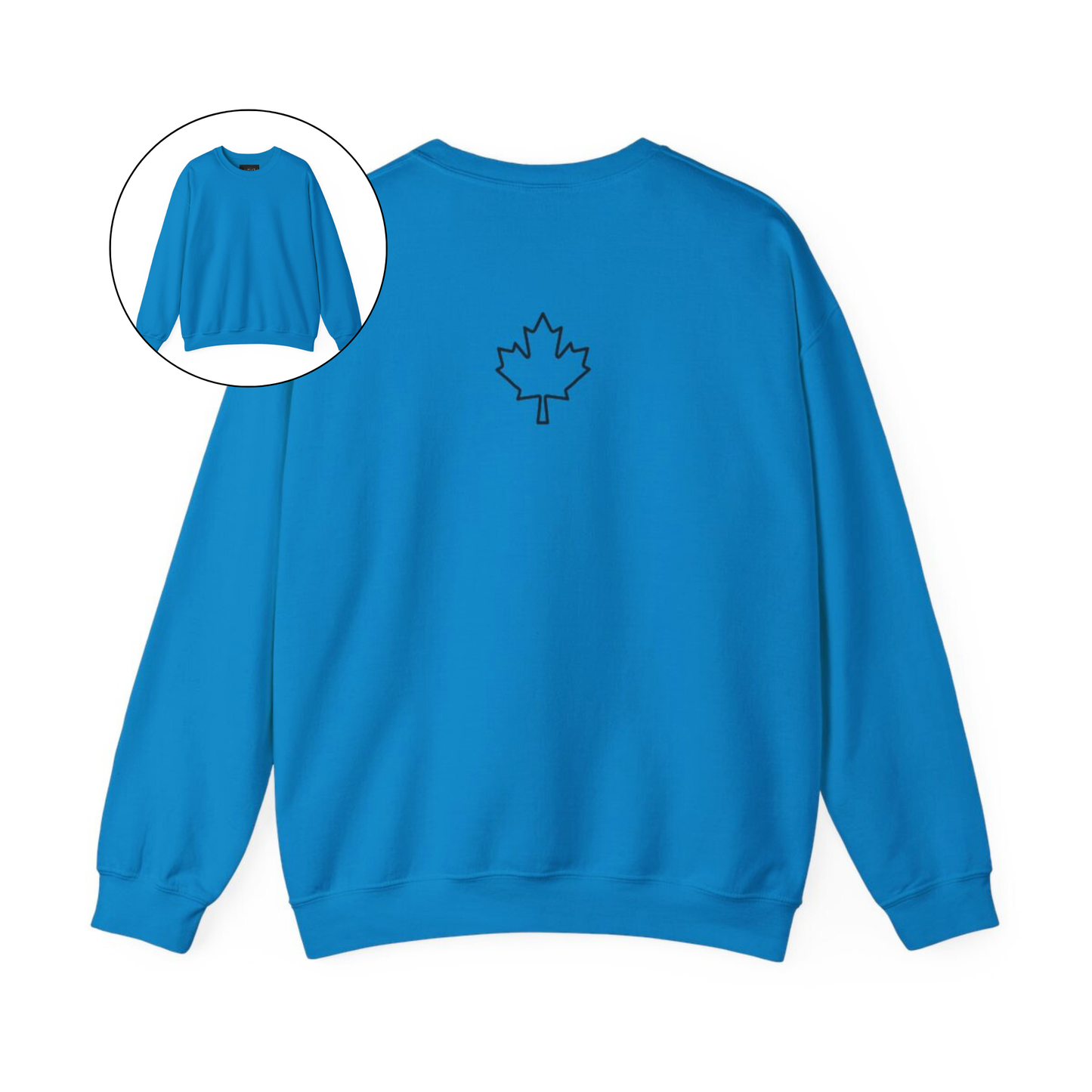 On the back of this custom Canadian pullover sweatshirt is a maple leaf that is right in between the shoulder blades, the front of the sweater is blank.