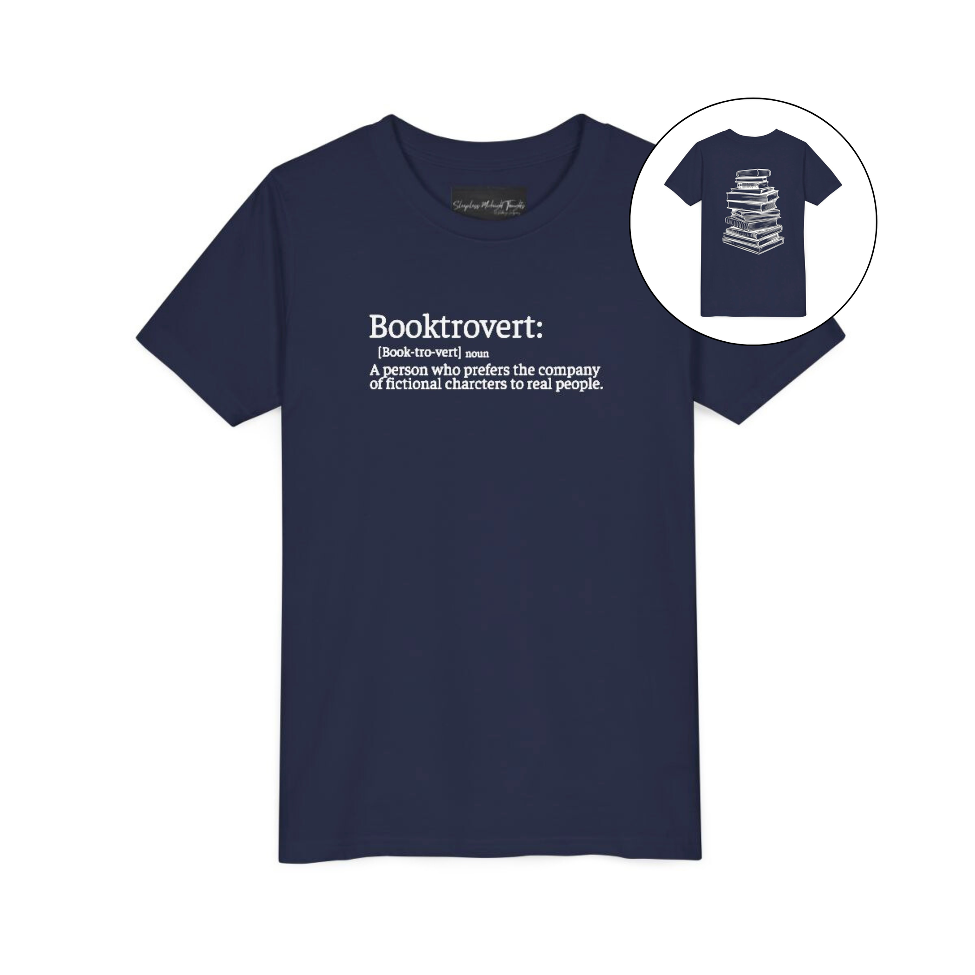 On the front of this custom youth t-shirt it says the word Booktrovert in large letter with the meaning of the words underneath it, on the back of the shirt is an image of a large stack of books.