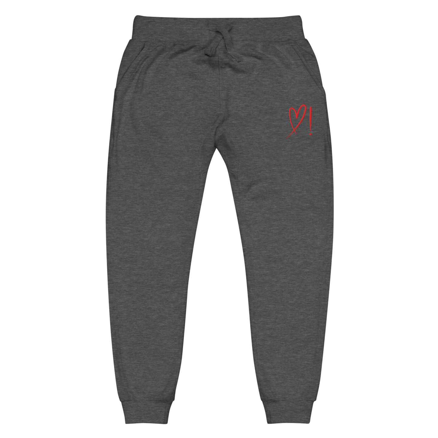 A pair of super soft ankle length unisex sweatpants, there are two pockets on the front and one pocket on the back right. There is a red heart with an exclamation point next to it embroidered on the front left pocket.