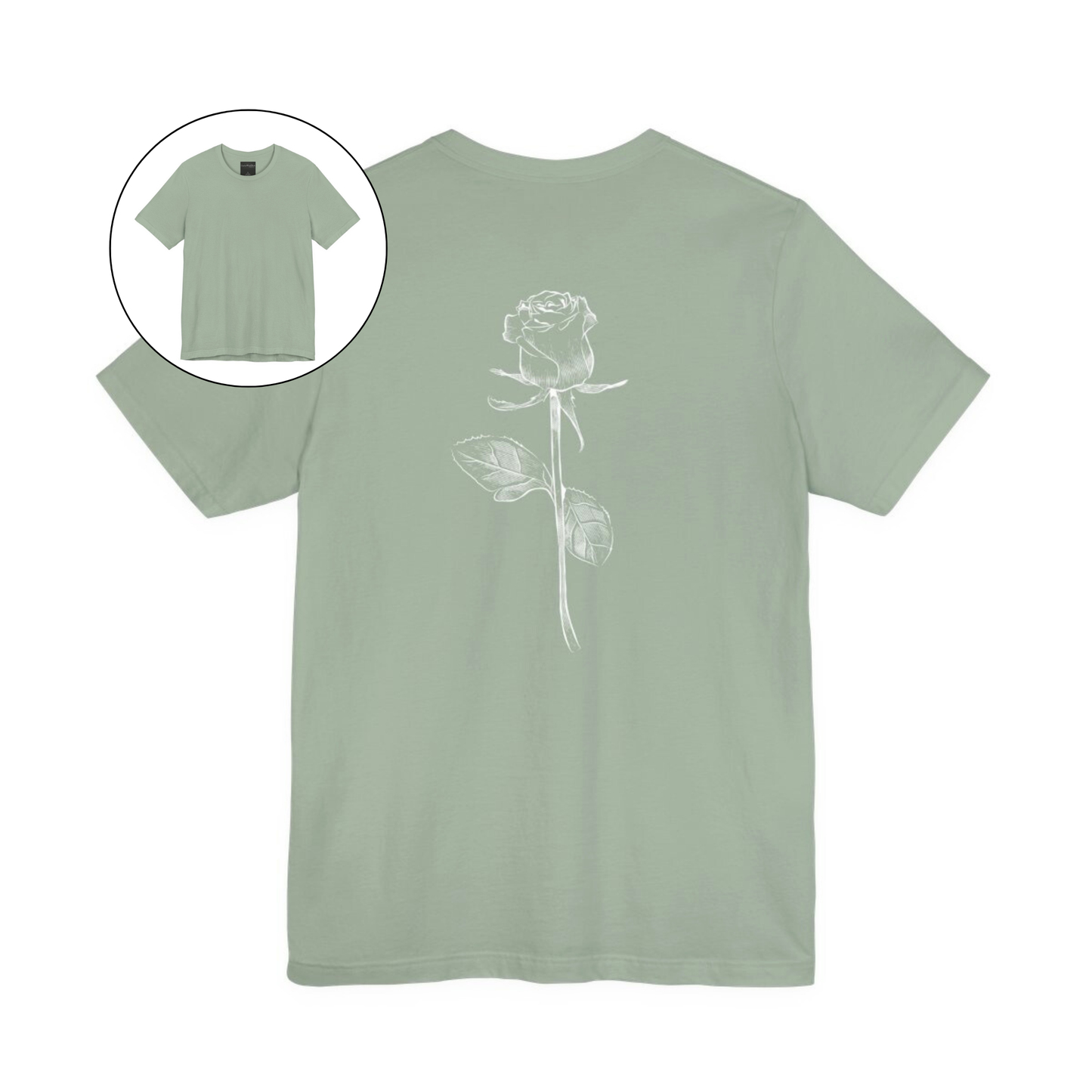 On the back of this custom women's short sleeve shirt is a large rose from the top to the bottom in the center of the back.