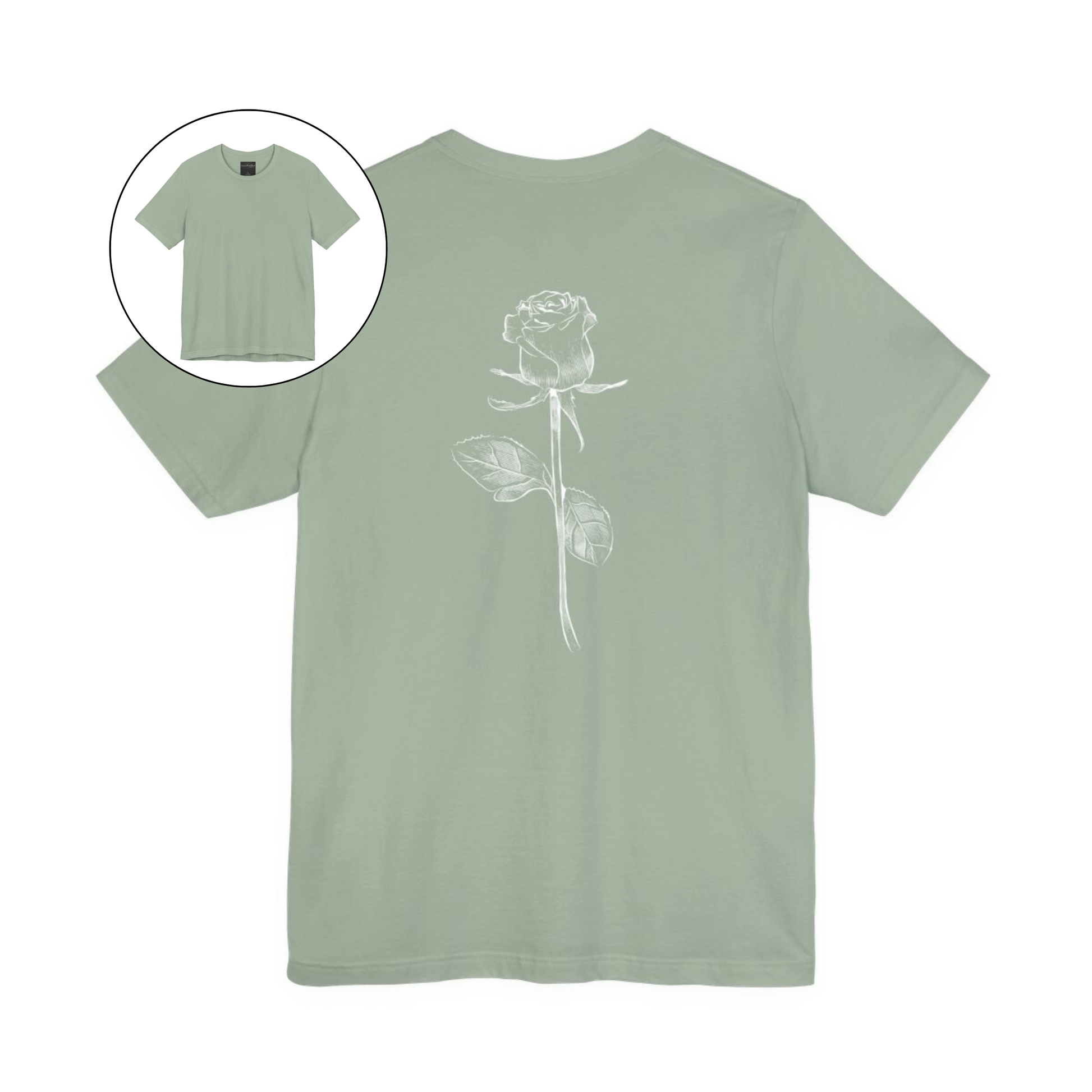 On the back of this custom women's short sleeve shirt is a large rose from the top to the bottom in the center of the back.