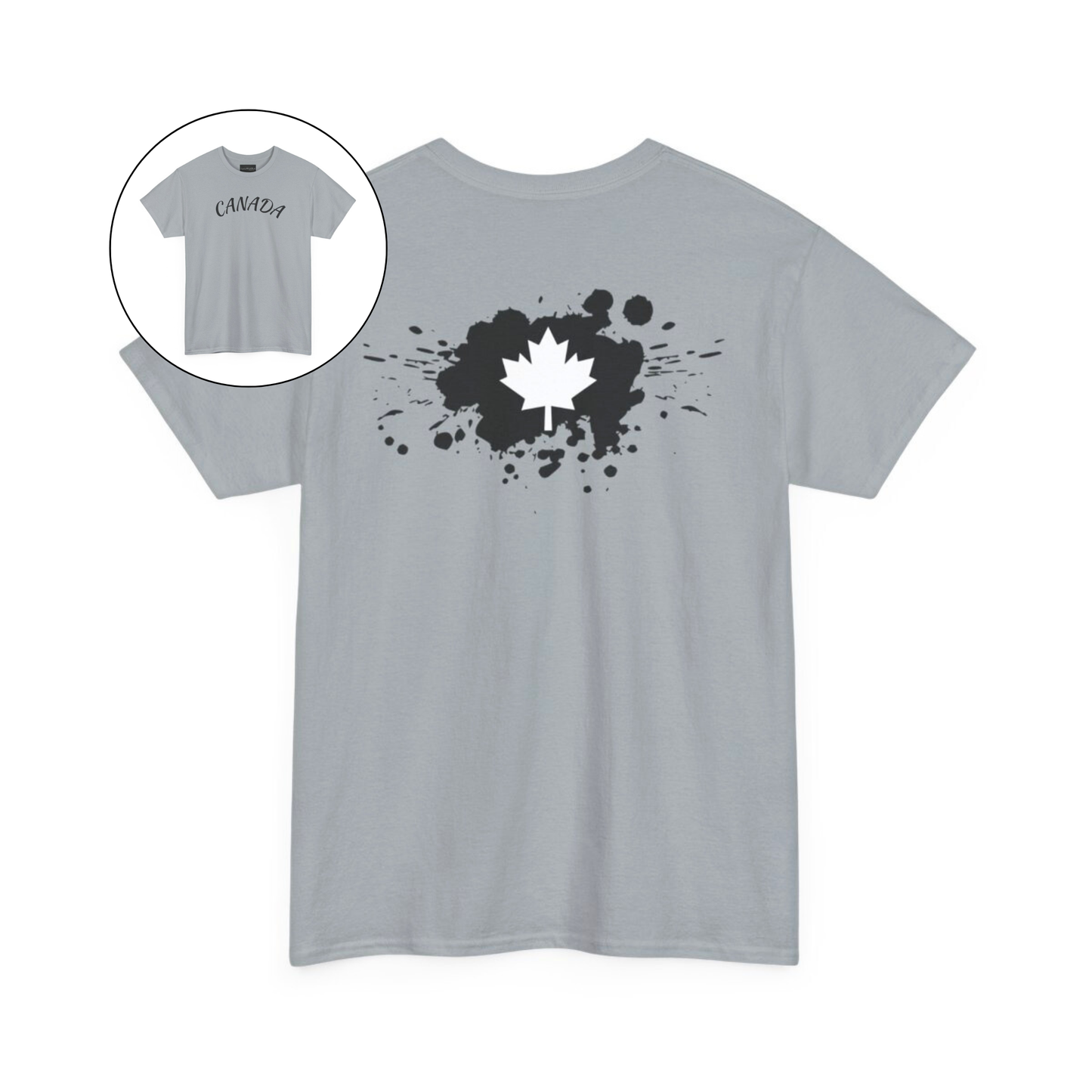 On the front of this custom short sleeve shirt is the word Canada in large letters across the chest, on the back of the shirt in between the shoulder blades is a large paint splatter with a maple leaf in the middle.