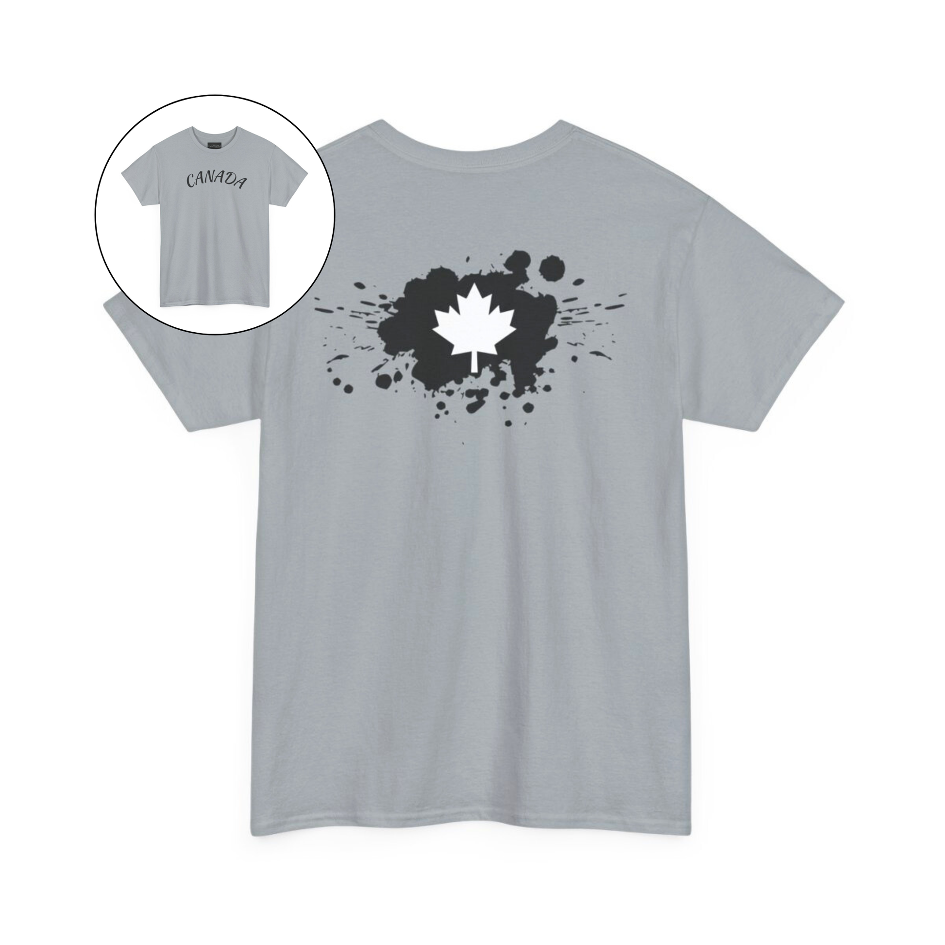 On the front of this custom short sleeve shirt is the word Canada in large letters across the chest, on the back of the shirt in between the shoulder blades is a large paint splatter with a maple leaf in the middle.