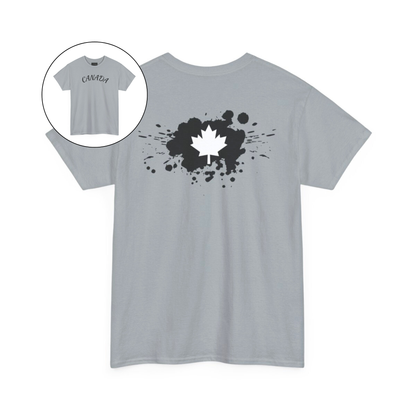 On the front of this custom short sleeve shirt is the word Canada in large letters across the chest, on the back of the shirt in between the shoulder blades is a large paint splatter with a maple leaf in the middle.