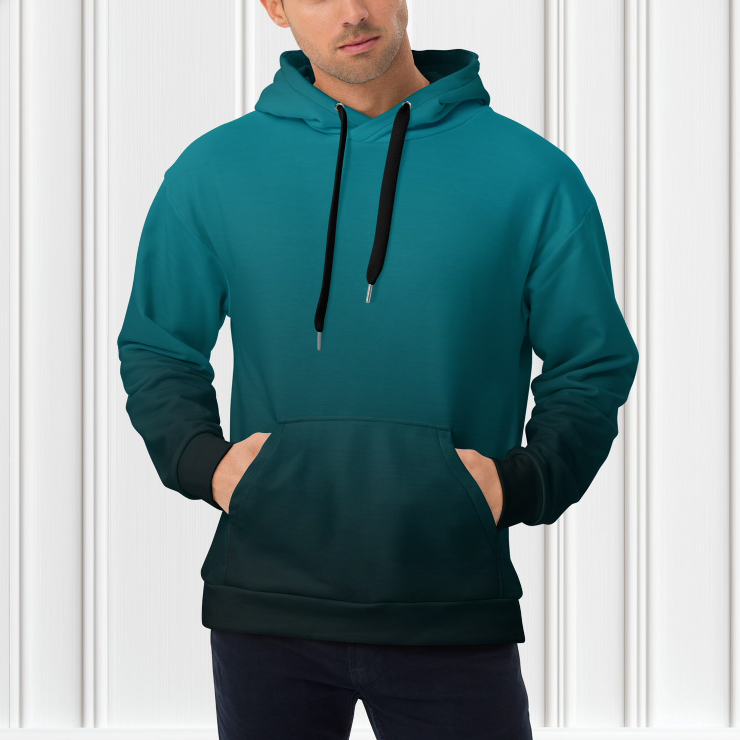 This custom handmade unisex hooded sweatshirt has an ombre pattern with the top of the hoodie being a bright turquoise blue then it fading to a black at the bottom of the hoodie, the strings on the sweater are black to match the bottom.