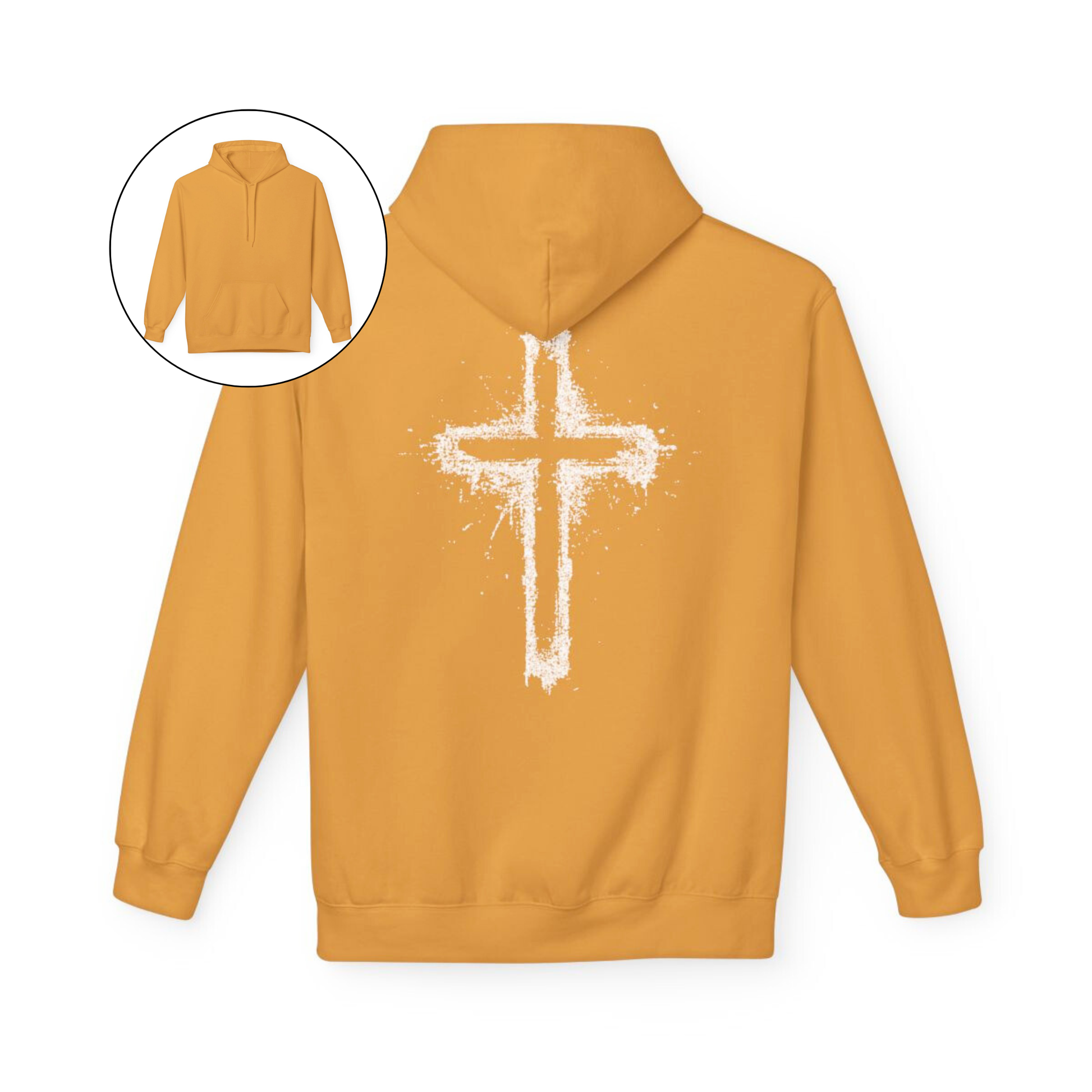 On the back of this Christian hoodie is a large spray painted Jesus cross that takes up the entire back of the sweater.