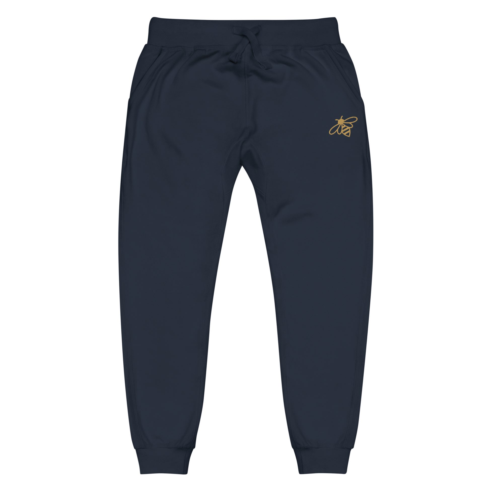 A pair of super soft fleece unisex sweatpants with a bumble bee embroidered in gold over the left front pocket of the pants.