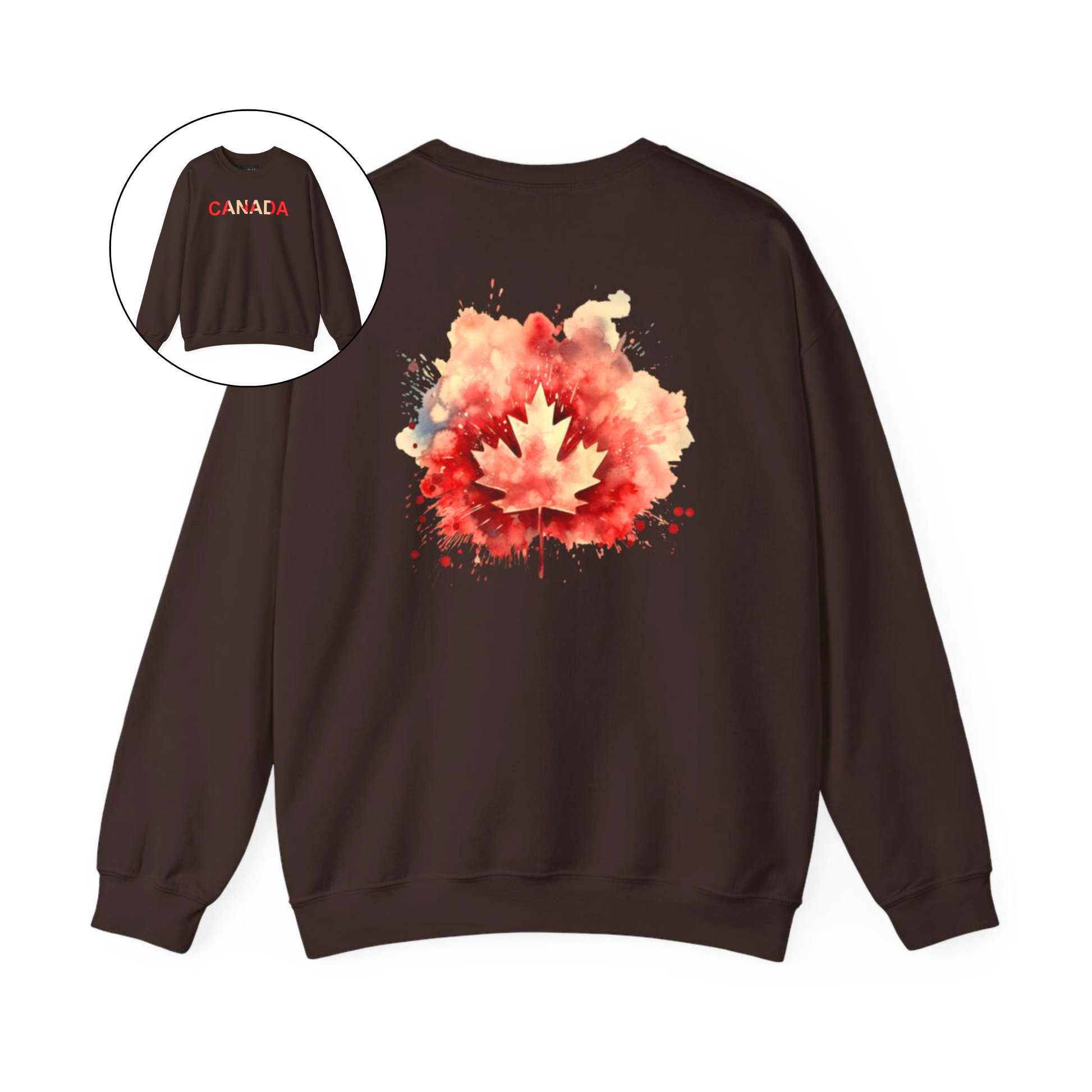 On the front of this Canadian pride pullover sweater is Canada in red and beige letters with a maple leaf in the middle, on the back of the sweater is a large maple leaf that looks like it has been spray painted onto the sweater in red and beige.