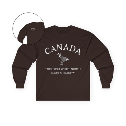 This custom Canadian made unisex long sleeve t-shirt features a Canadian goose on the front in the center of the shirt with the words 'Canada'  above it and 'The Great White North' under the goose, on the back left shoulder blade of the long sleeve shirt is a maple leaf.