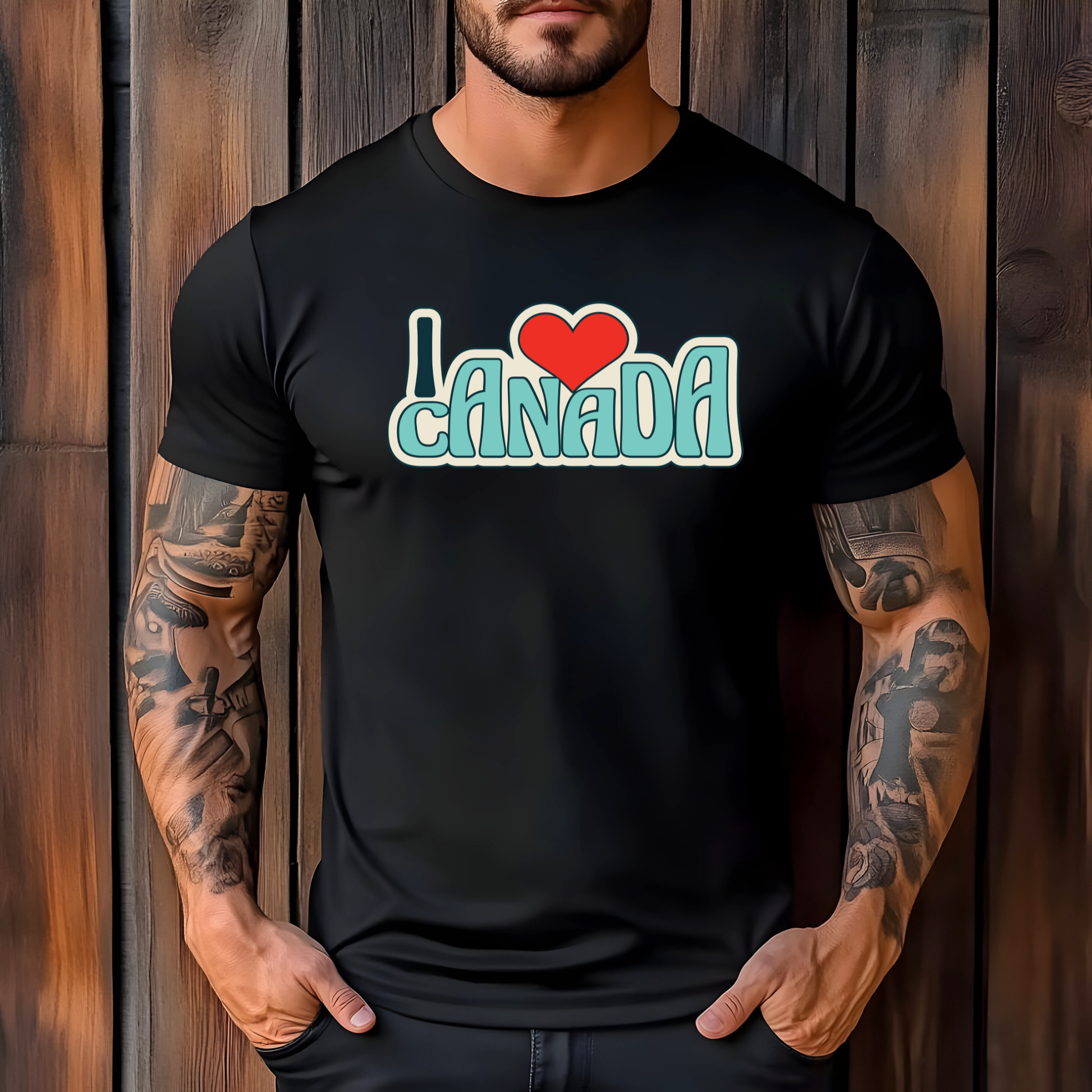 On the front of this custom Canadian made shirt sleeve shirt are the words I Love Canada with a heart, it has a retro design which makes the whole shirt look vintage.