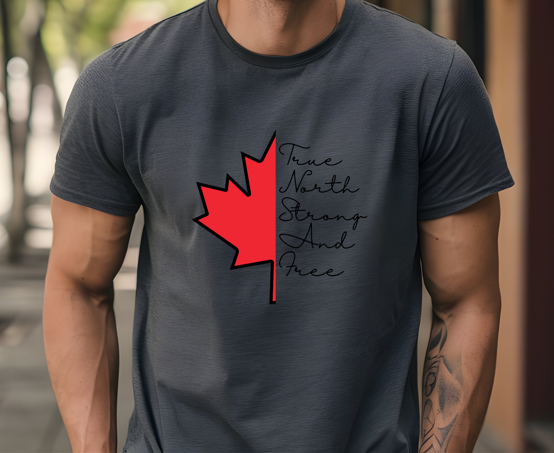 This custom handmade Canadian shirt comes with a maple leaf on the front center of the shirt, the words true north strong and free are in cursive on the other side of the maple leaf.