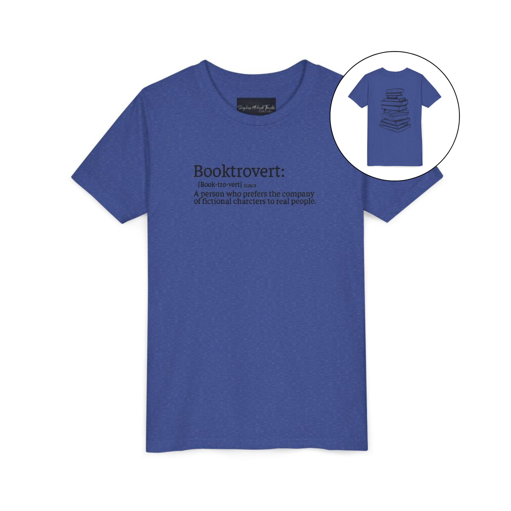 On the front of this custom youth t-shirt it says the word Booktrovert in large letter with the meaning of the words underneath it, on the back of the shirt is an image of a large stack of books.