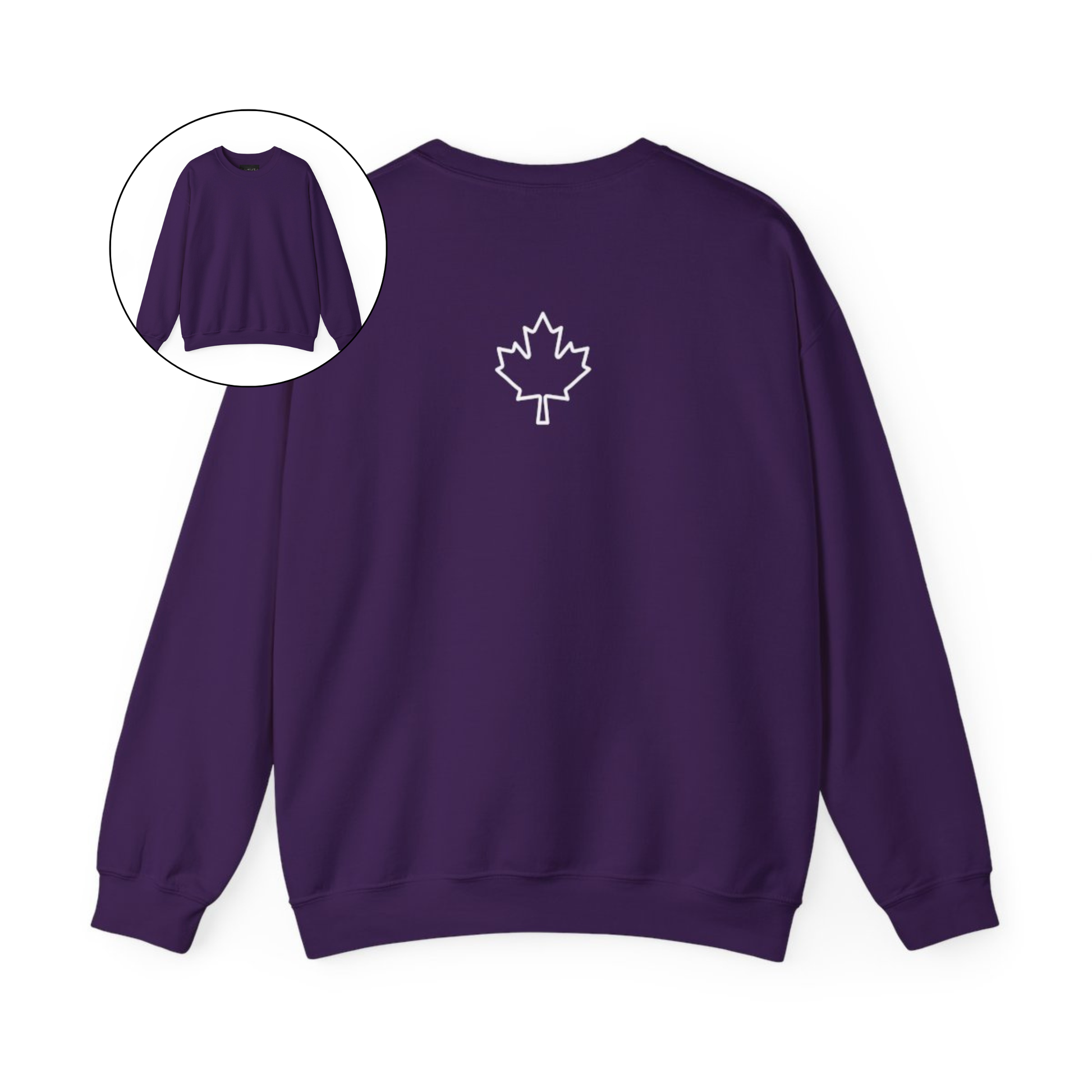 On the back of this custom Canadian pullover sweatshirt is a maple leaf that is right in between the shoulder blades, the front of the sweater is blank.