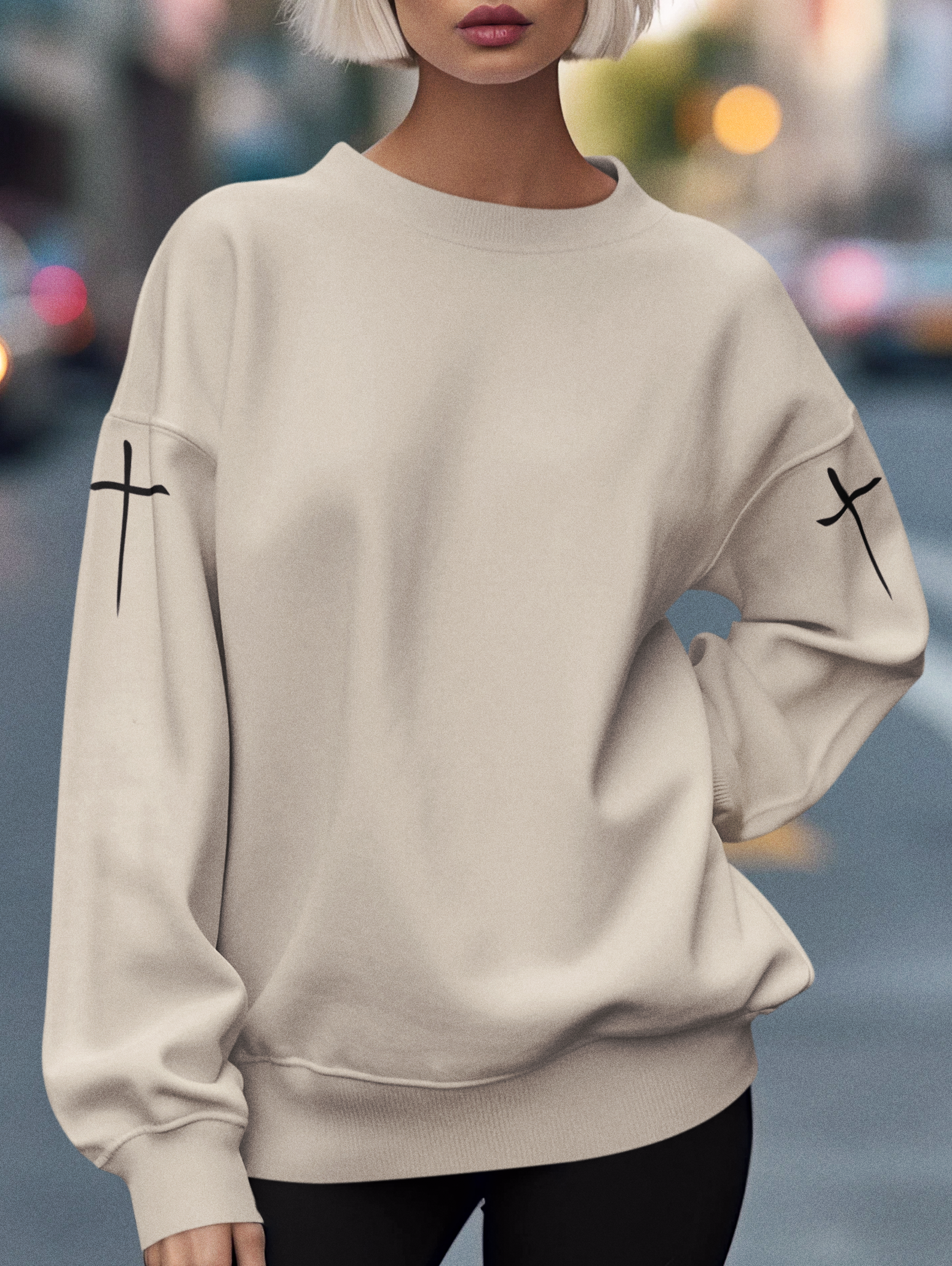 On this custom Christian pullover sweatshirt there are two Jesus crosses, one on either shoulder of the sweater.