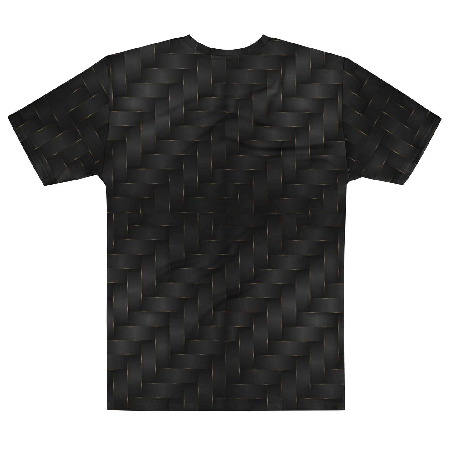This completely custom men's handmade short sleeve tee has a black and gold ribbon pattern that crisscrosses all over the shirt.