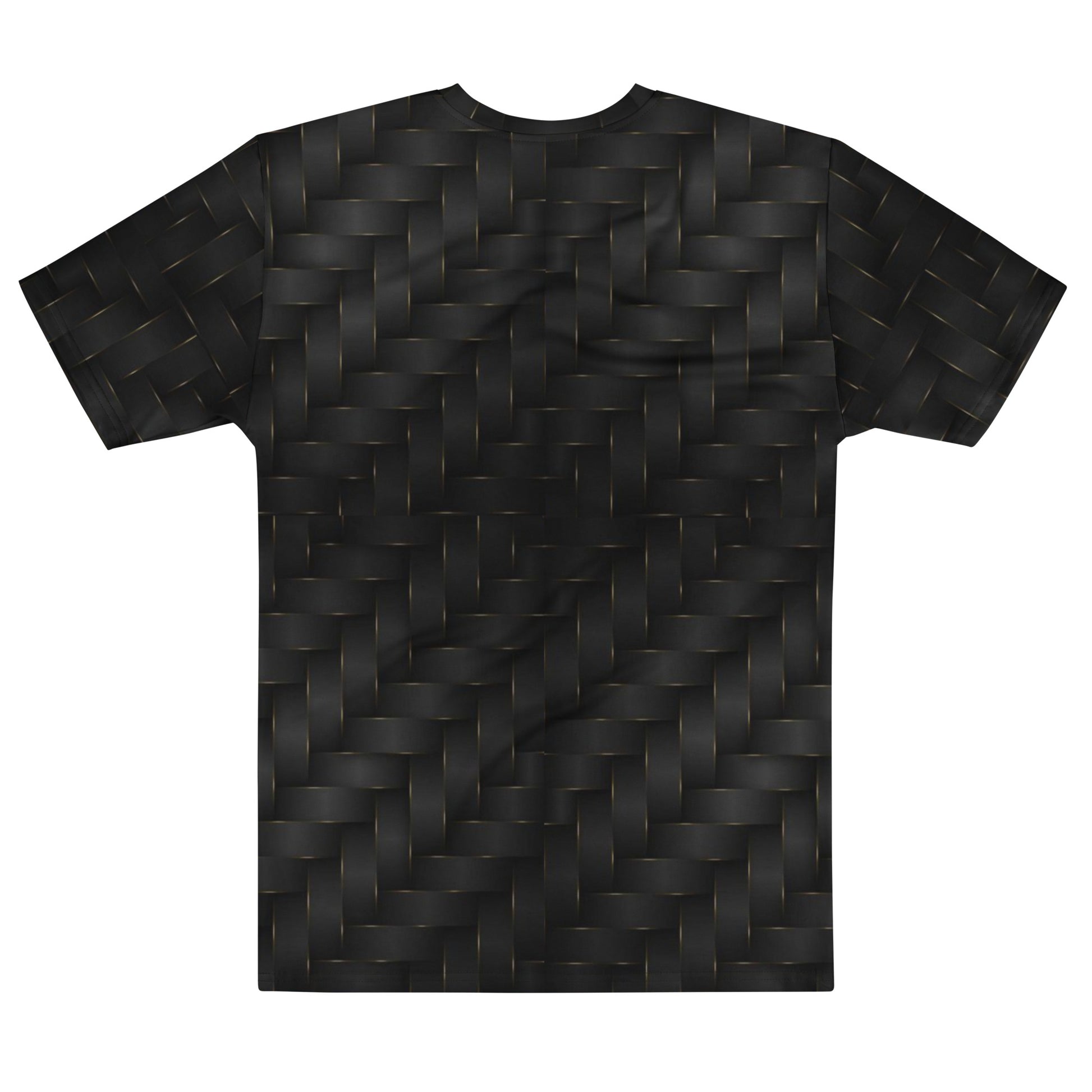 This completely custom men's handmade short sleeve tee has a black and gold ribbon pattern that crisscrosses all over the shirt.
