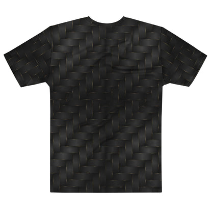 This completely custom men's handmade short sleeve tee has a black and gold ribbon pattern that crisscrosses all over the shirt.