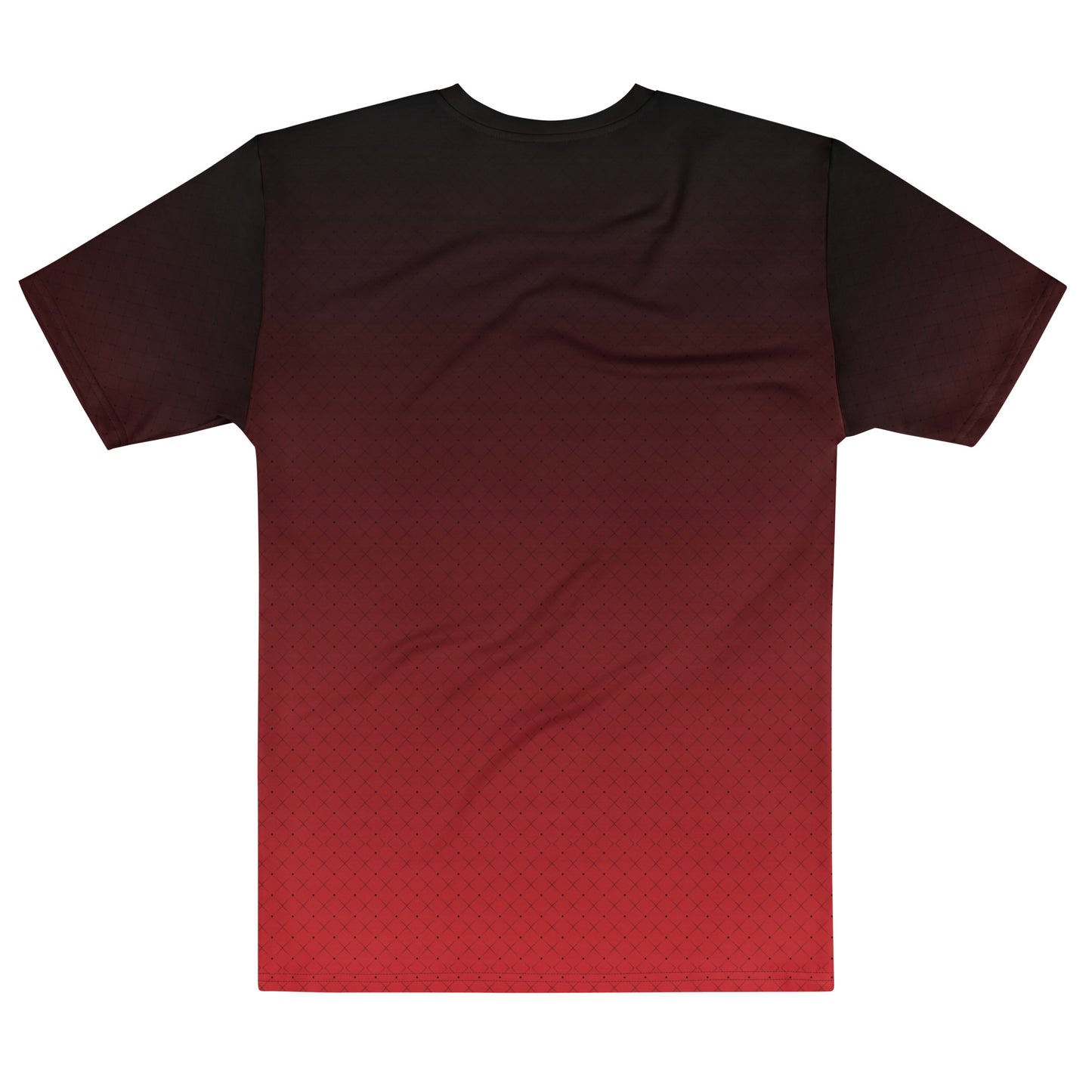 This entirely custom men's handmade short sleeve shirt has an ombre pattern with the top of the shirt being black then it fading to red at the bottom, there is a black diamond pattern overlayed on the top.