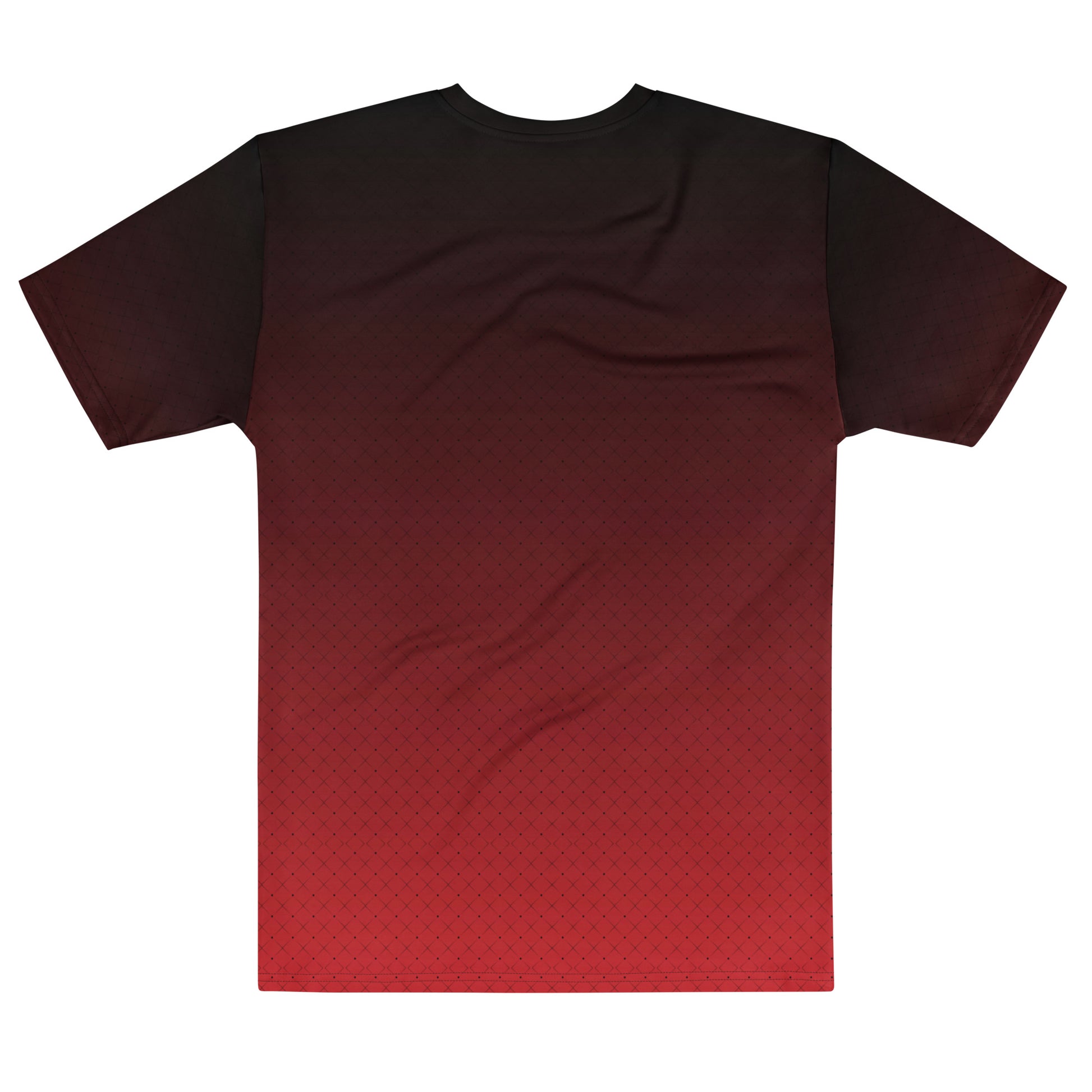 This entirely custom men's handmade short sleeve shirt has an ombre pattern with the top of the shirt being black then it fading to red at the bottom, there is a black diamond pattern overlayed on the top.
