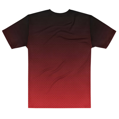 This entirely custom men's handmade short sleeve shirt has an ombre pattern with the top of the shirt being black then it fading to red at the bottom, there is a black diamond pattern overlayed on the top.