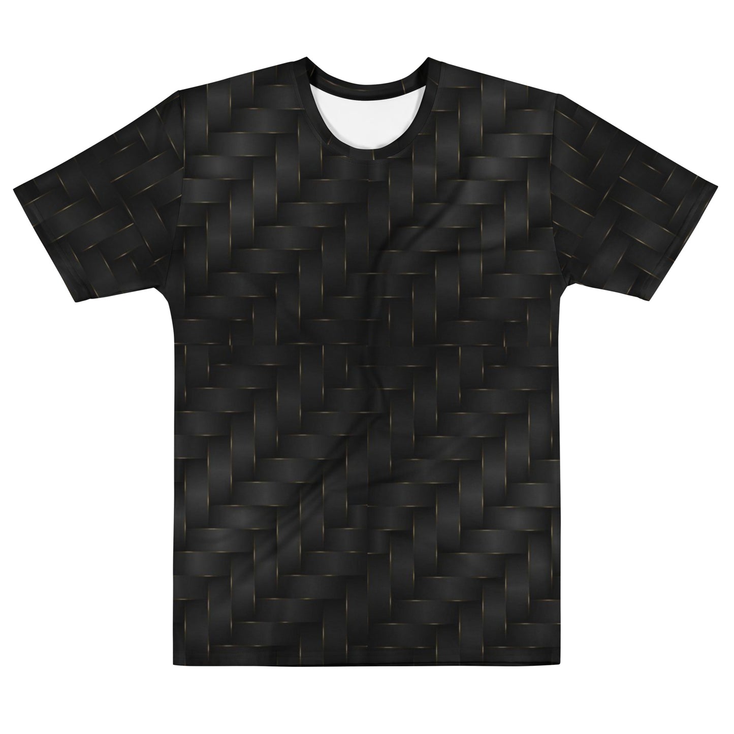 This completely custom men's handmade short sleeve tee has a black and gold ribbon pattern that crisscrosses all over the shirt.
