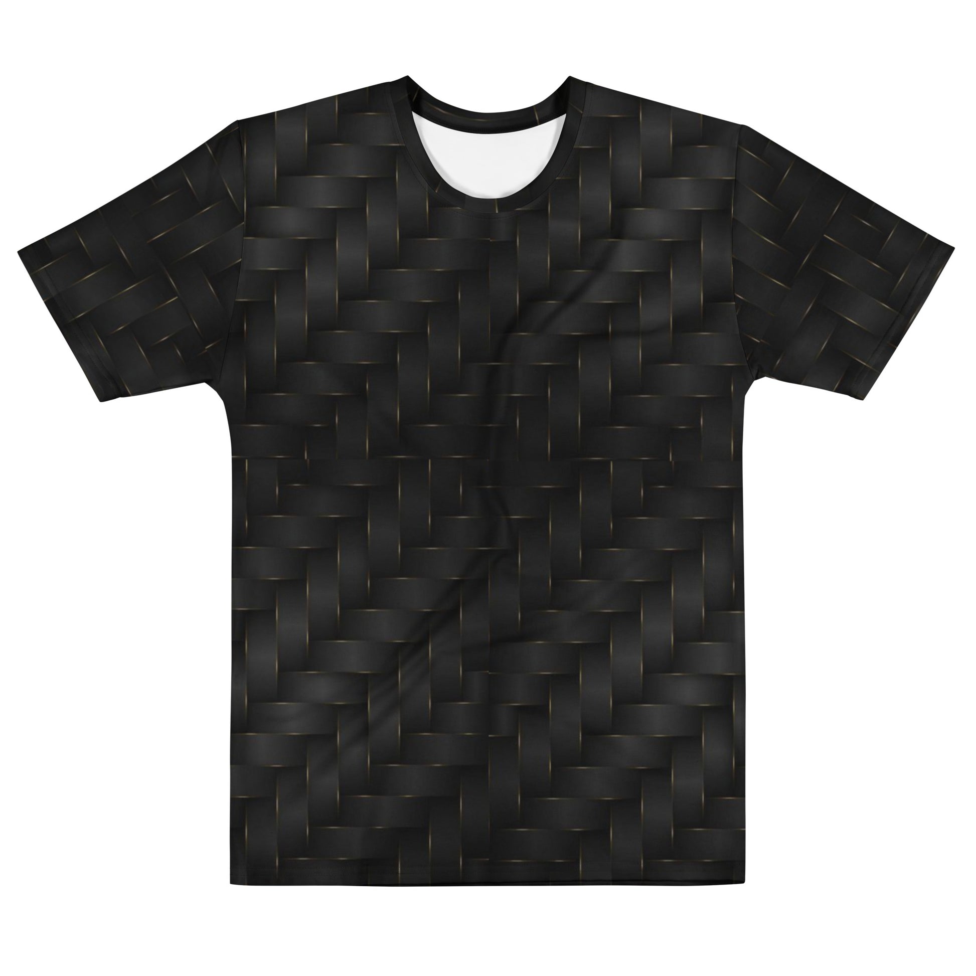 This completely custom men's handmade short sleeve tee has a black and gold ribbon pattern that crisscrosses all over the shirt.