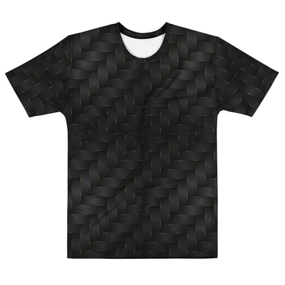 This completely custom men's handmade short sleeve tee has a black and gold ribbon pattern that crisscrosses all over the shirt.