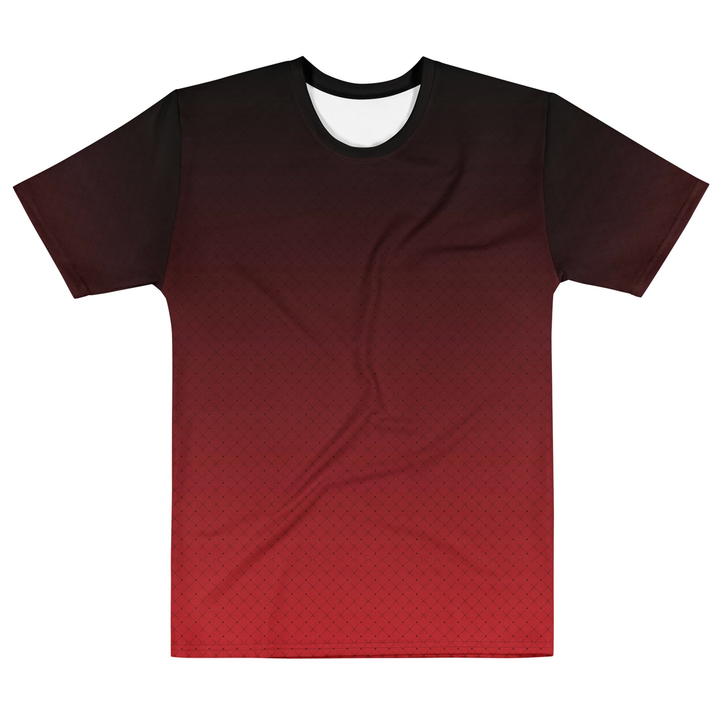 This entirely custom men's handmade short sleeve shirt has an ombre pattern with the top of the shirt being black then it fading to red at the bottom, there is a black diamond pattern overlayed on the top.