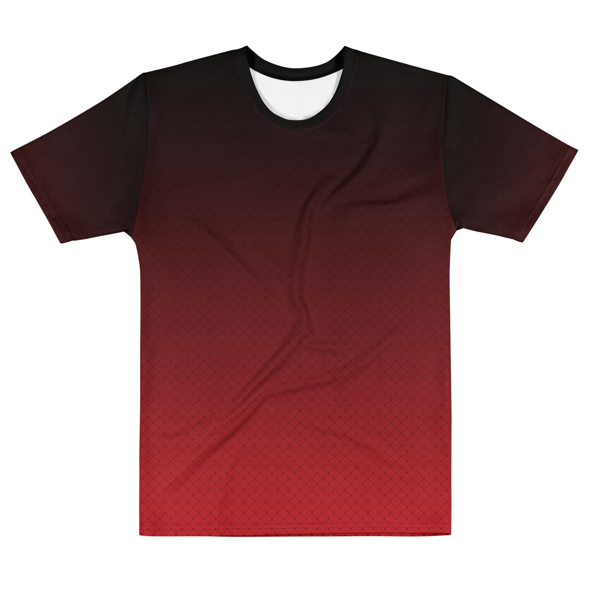 This entirely custom men's handmade short sleeve shirt has an ombre pattern with the top of the shirt being black then it fading to red at the bottom, there is a black diamond pattern overlayed on the top.