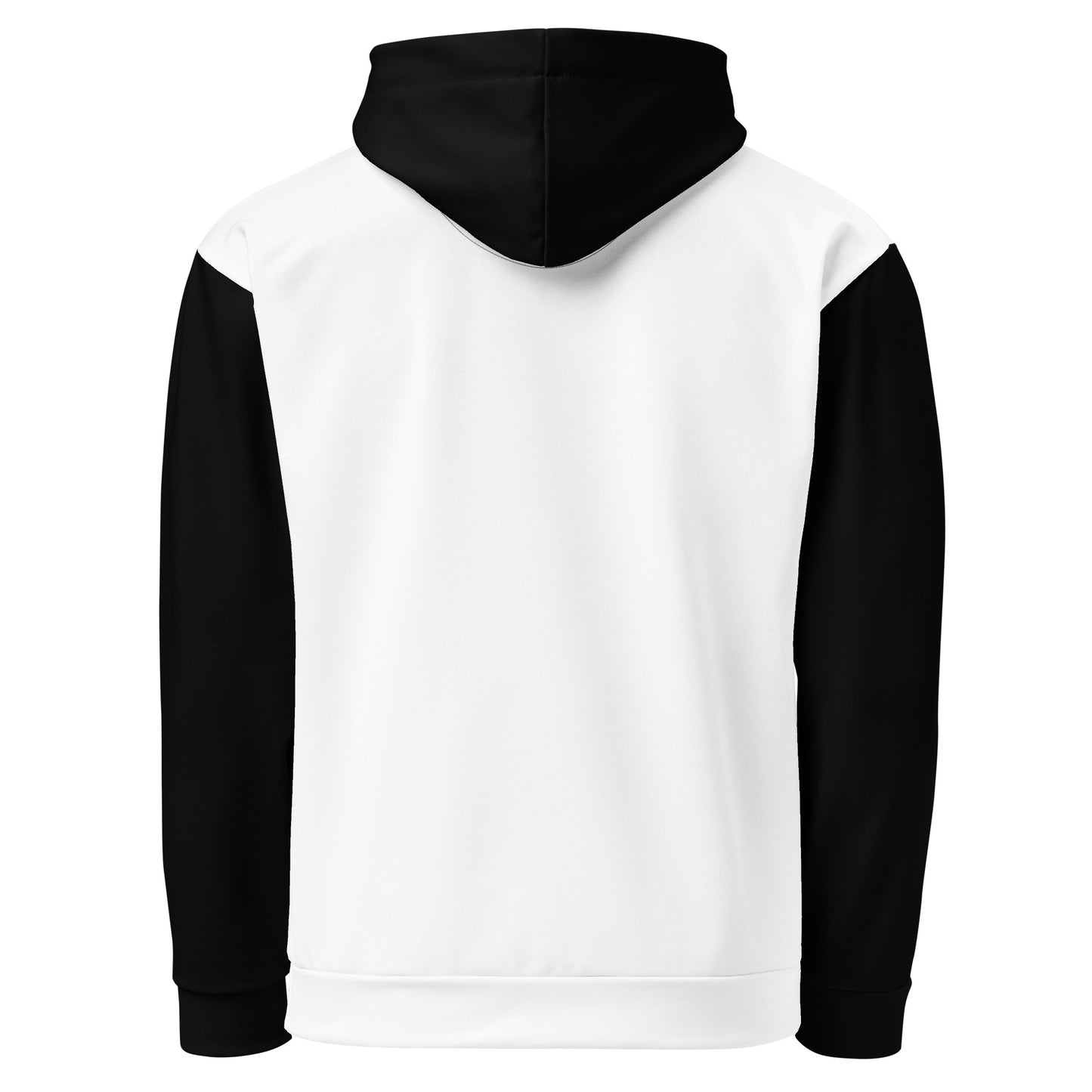 This custom made men's and women's handmade hoodie is a black and white color block design with the front and the back of the hooded sweatshirt being white, the arms, front pocket, and hood are all black in color.