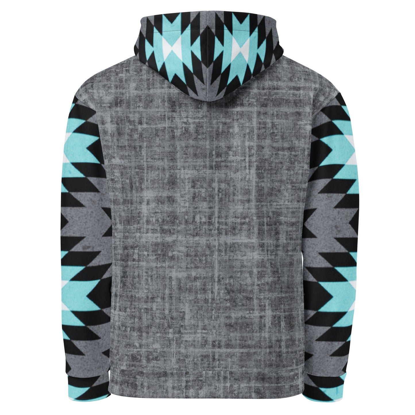 A custom unisex handmade hoodie with the front and the back of the hoodie being a washed grey pattern with the sleeves, hood and the front kangaroo pocket is a blue, black, grey and white Aztec western pattern that really pop next to the grey.