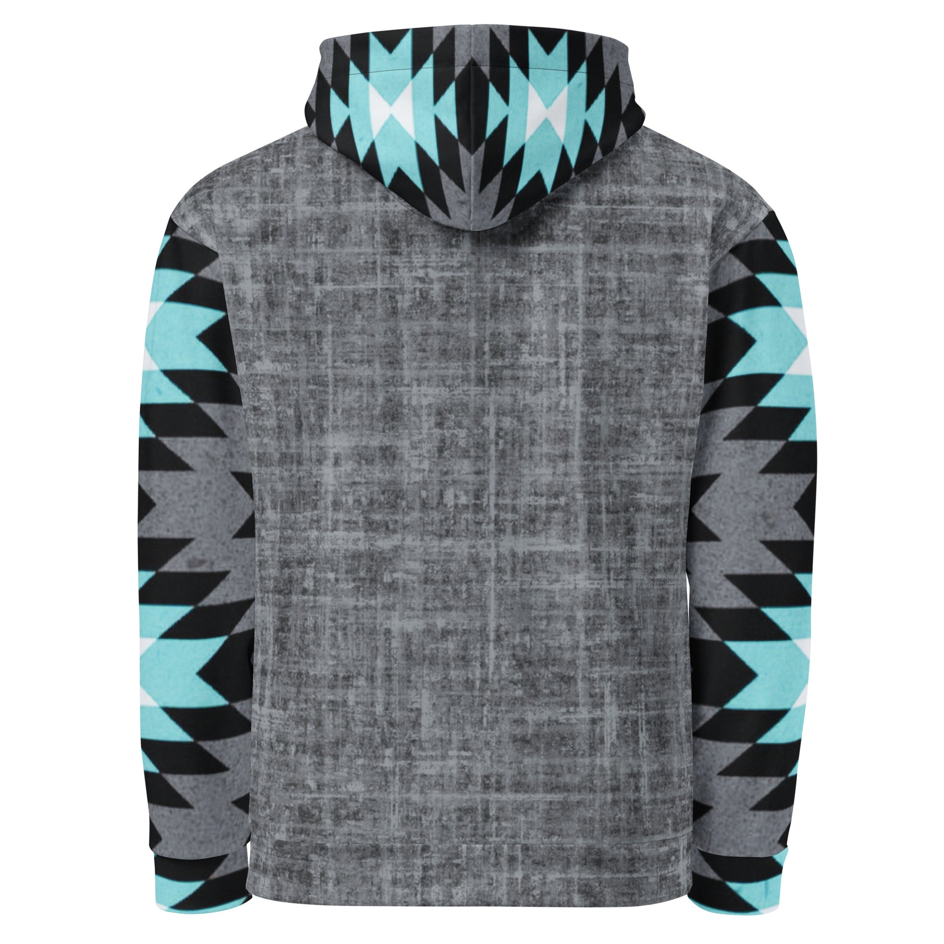 A custom unisex handmade hoodie with the front and the back of the hoodie being a washed grey pattern with the sleeves, hood and the front kangaroo pocket is a blue, black, grey and white Aztec western pattern that really pop next to the grey.