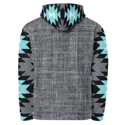 A custom unisex handmade hoodie with the front and the back of the hoodie being a washed grey pattern with the sleeves, hood and the front kangaroo pocket is a blue, black, grey and white Aztec western pattern that really pop next to the grey.