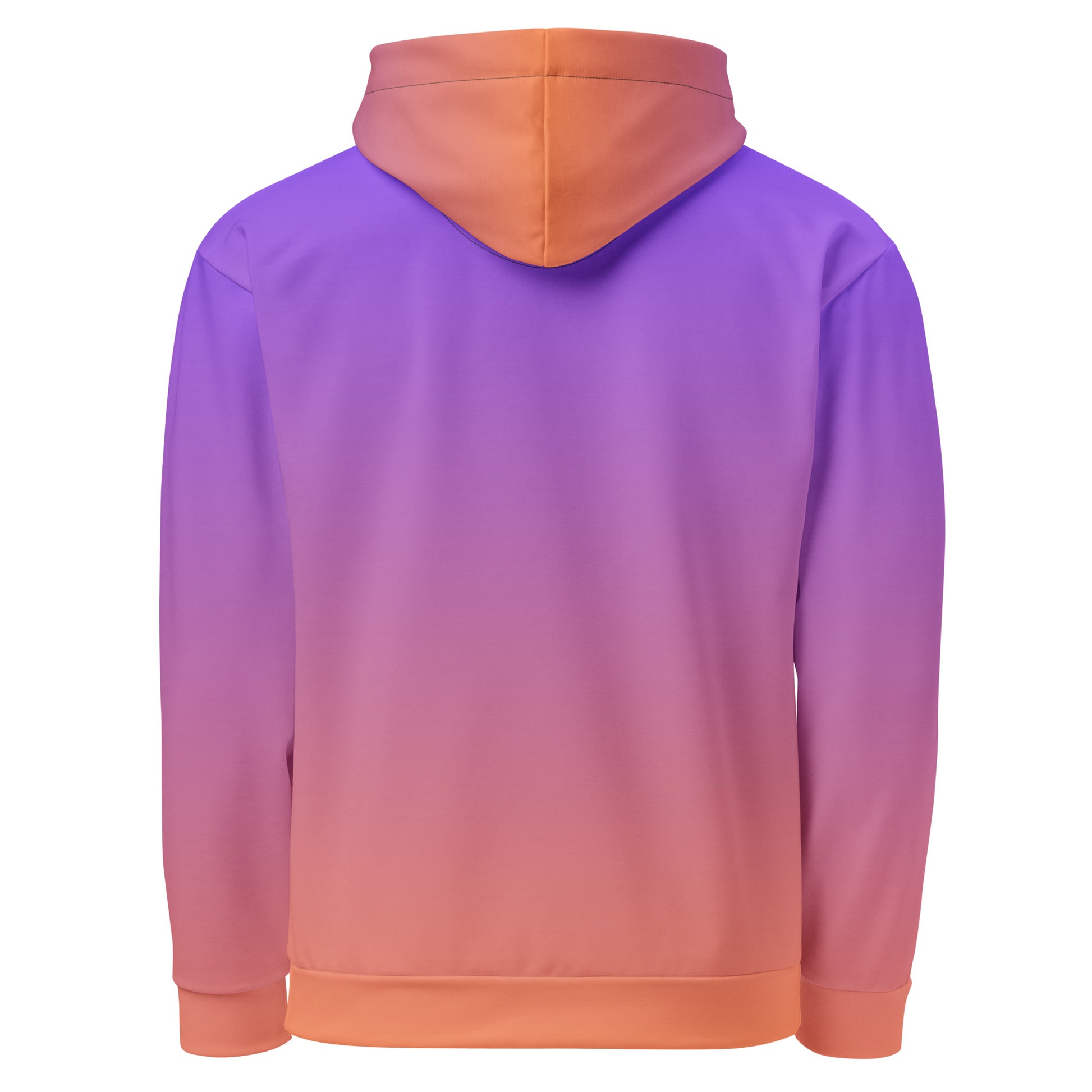 This custom handmade hooded sweatshirt has a ombre design with the top of the hoodie being a bright purple color then it fading to a bright peach color at the bottom of the hoodie, it comes with black strings.