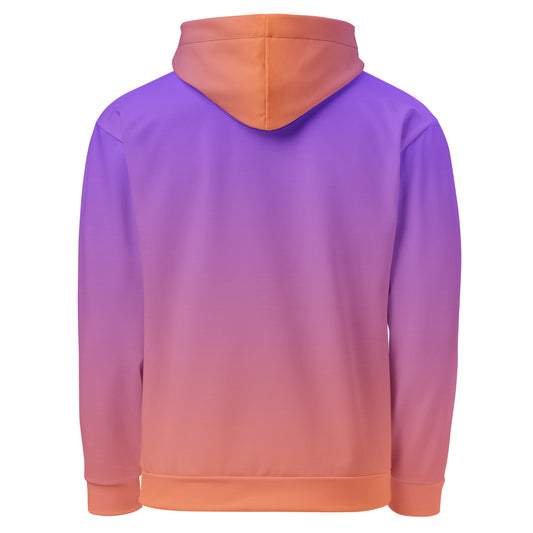 This custom handmade hooded sweatshirt has a ombre design with the top of the hoodie being a bright purple color then it fading to a bright peach color at the bottom of the hoodie, it comes with black strings.