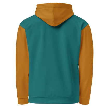 A custom handmade unisex pullover hoodie that has a color block design with the front and the back of the hoodie being a bright teal in color then the sleeves, hood and the front pocket are a deep gold color.
