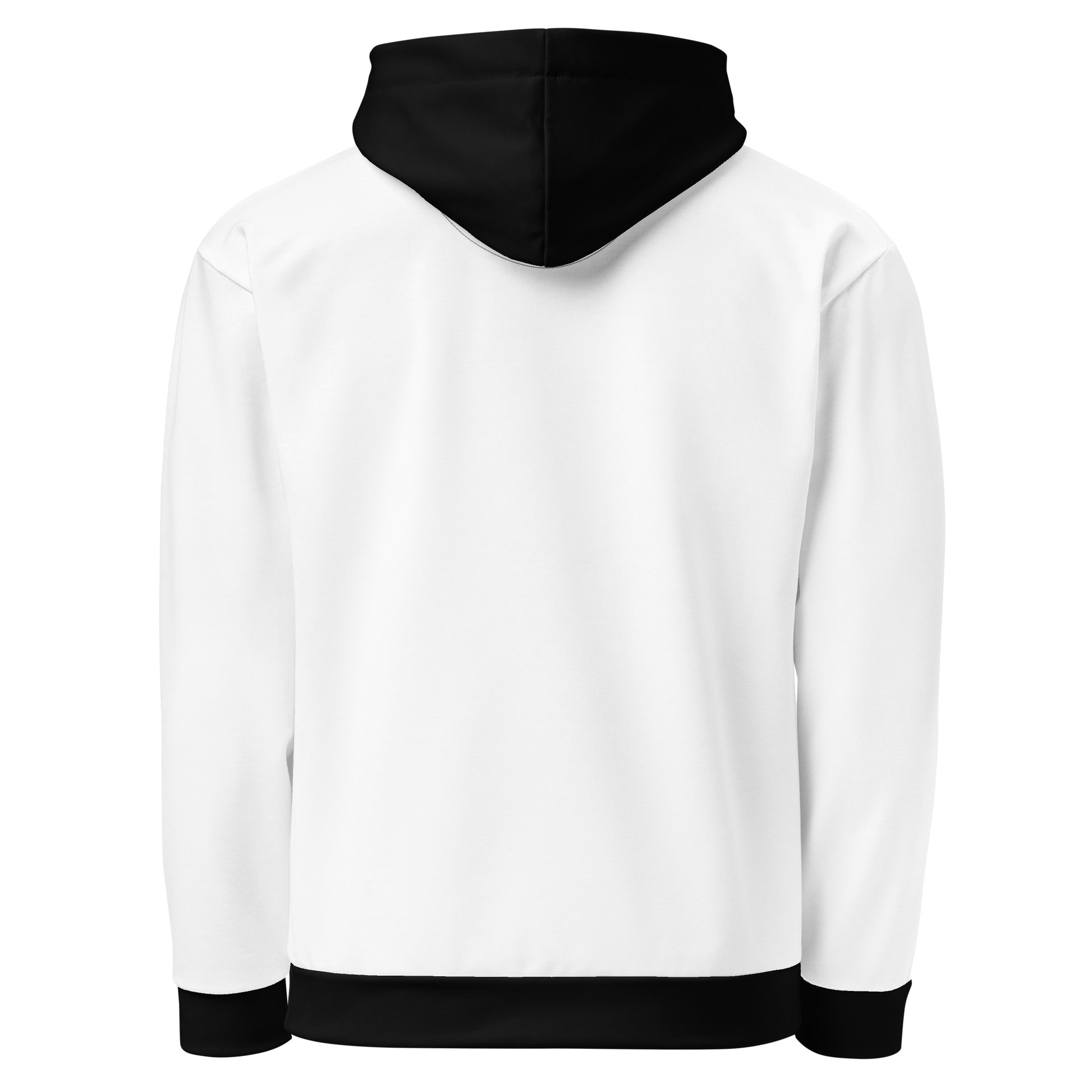 This custom handmade unisex color block hoodie is all white except for the cuffs of each sleeve, the bottom and the hood, along with the strings which are all black.