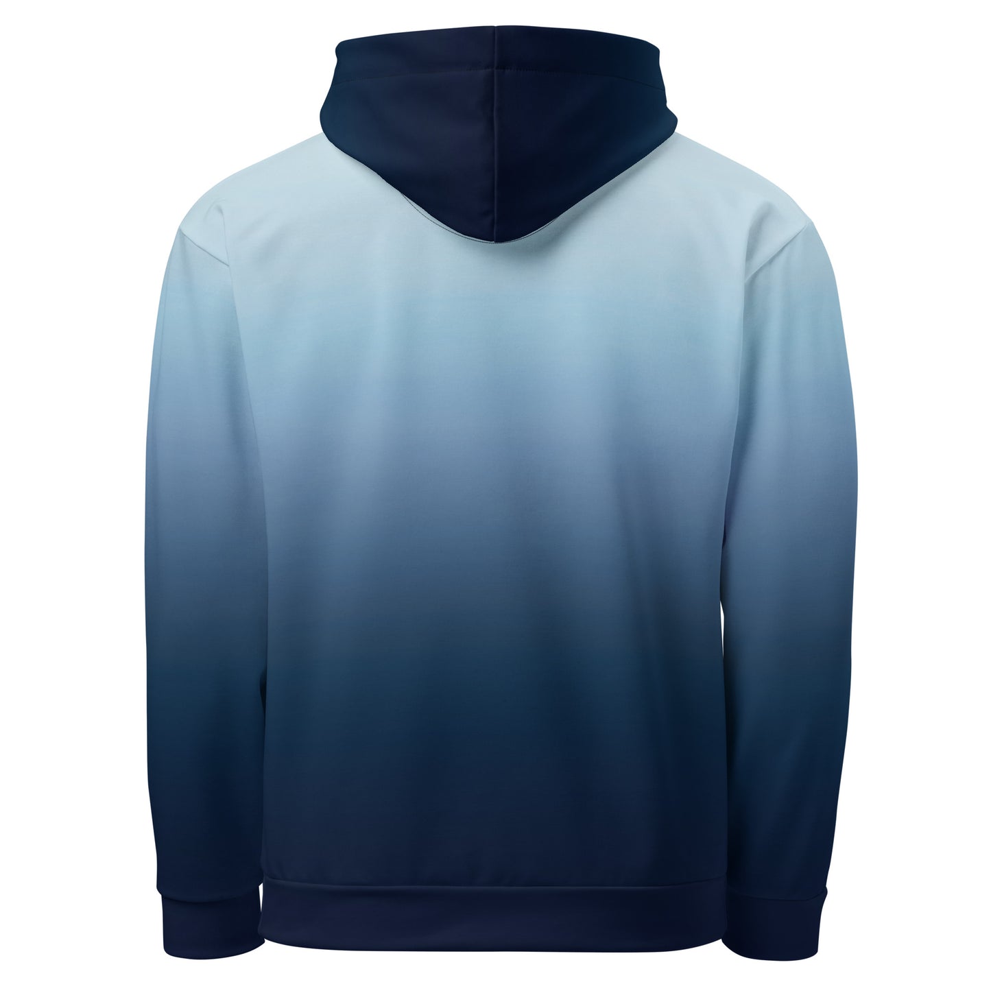 A custom handmade unisex pullover hooded sweatshirt with an ombre design with the top of the hoodie being a very light blue color then it slowly shifting to a navy blue at the bottom of the hoodie.