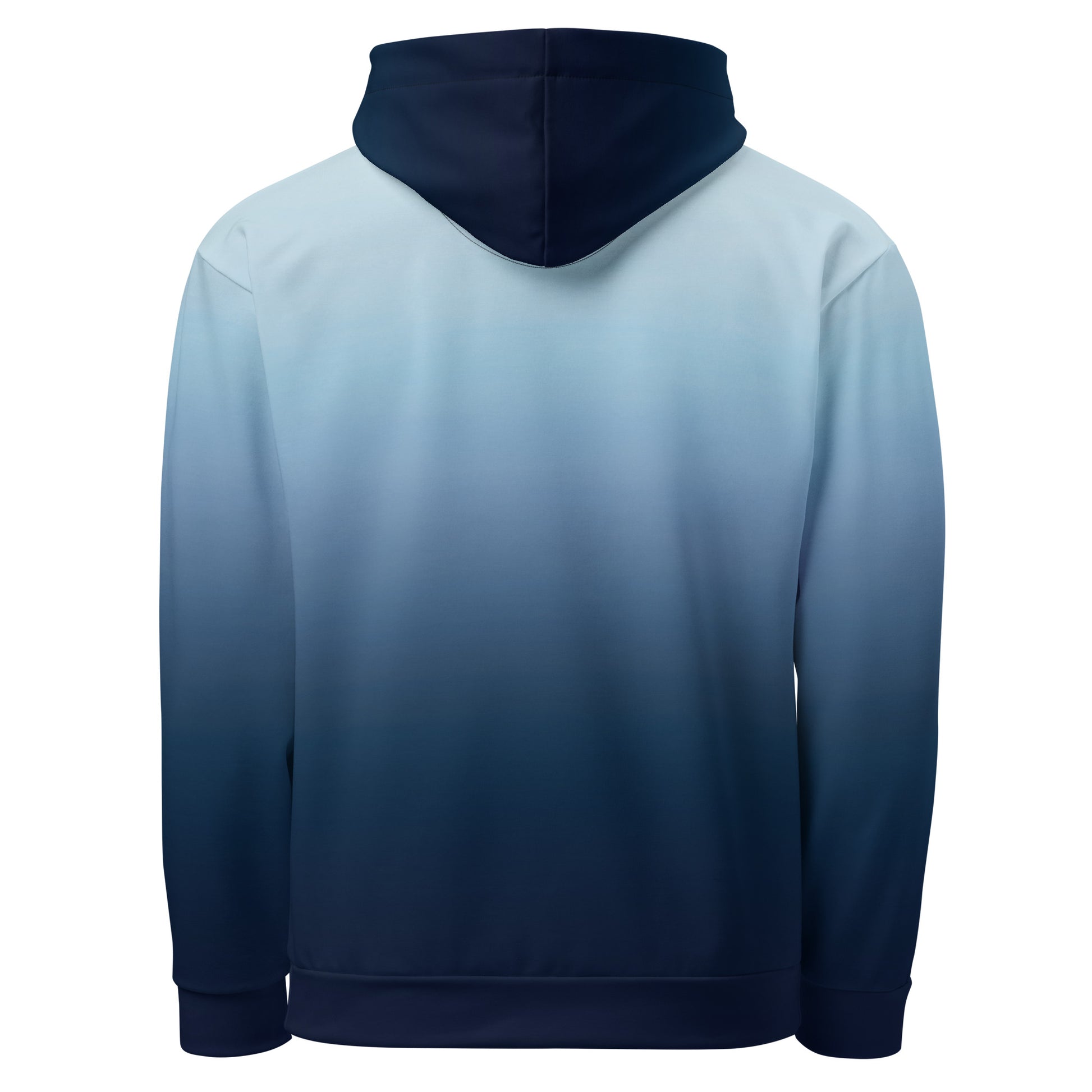 A custom handmade unisex pullover hooded sweatshirt with an ombre design with the top of the hoodie being a very light blue color then it slowly shifting to a navy blue at the bottom of the hoodie.