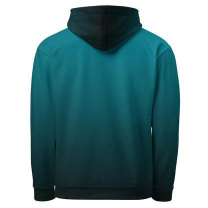 This custom handmade unisex hooded sweatshirt has an ombre pattern with the top of the hoodie being a bright turquoise blue then it fading to a black at the bottom of the hoodie, the strings on the sweater are black to match the bottom.