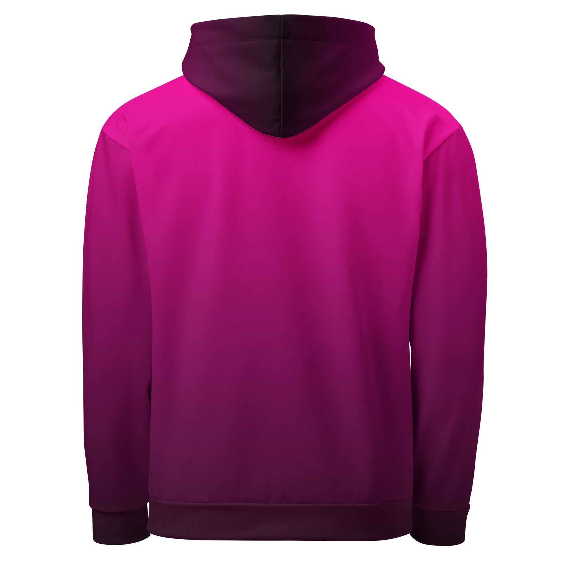A handmade custom women's pullover hooded sweatshirt that has an ombre design with the top of the hoodie being a bright hot pink then it gradually fading to a very deep purple at the bottom of the hoodie.