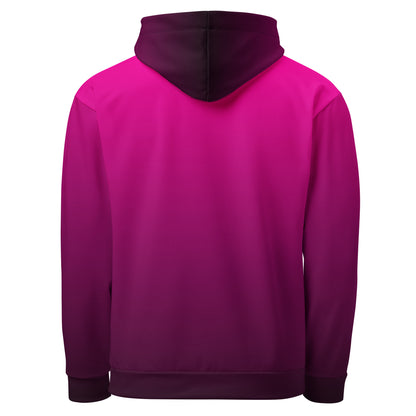 A handmade custom women's pullover hooded sweatshirt that has an ombre design with the top of the hoodie being a bright hot pink then it gradually fading to a very deep purple at the bottom of the hoodie.