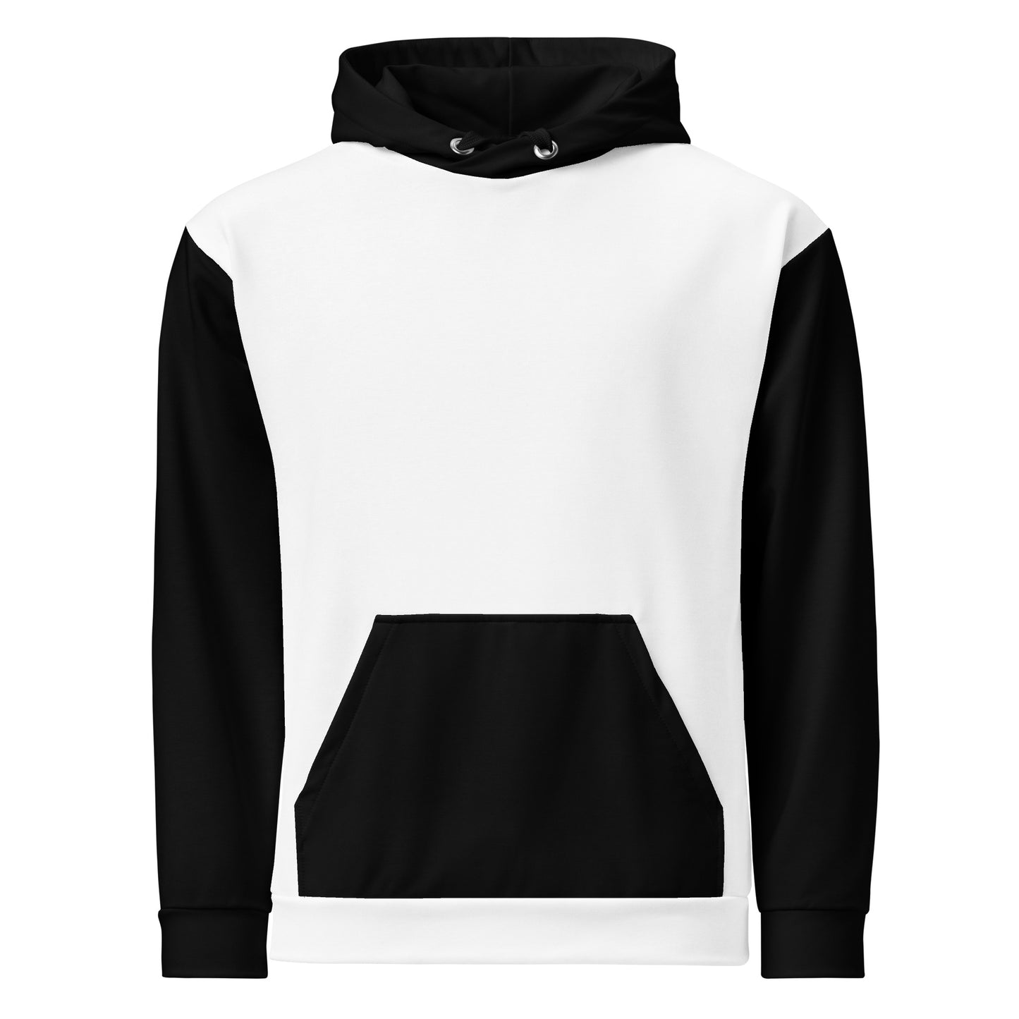 This custom made men's and women's handmade hoodie is a black and white color block design with the front and the back of the hooded sweatshirt being white, the arms, front pocket, and hood are all black in color.