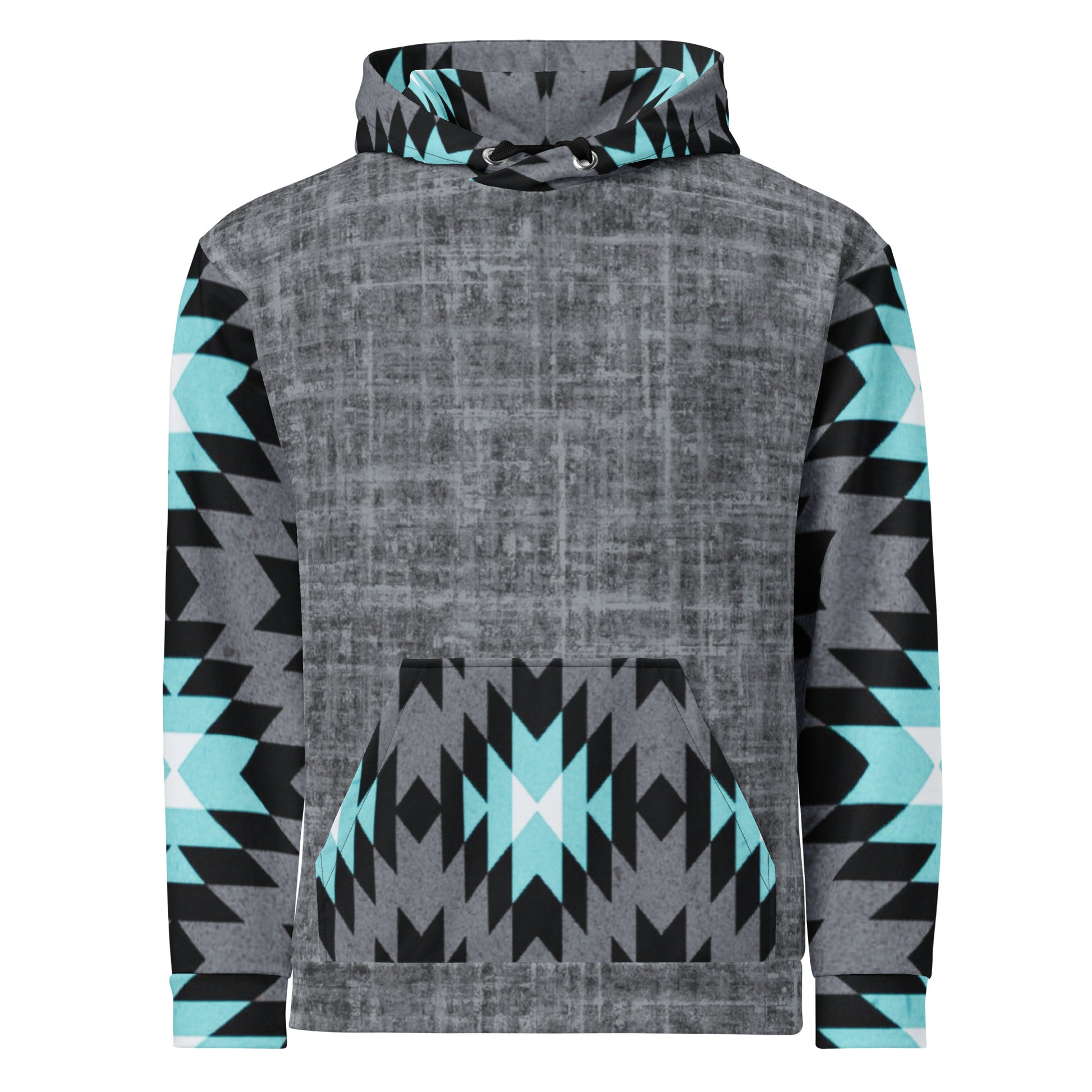 A custom unisex handmade hoodie with the front and the back of the hoodie being a washed grey pattern with the sleeves, hood and the front kangaroo pocket is a blue, black, grey and white Aztec western pattern that really pop next to the grey.